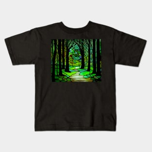 Stained Glass Forest Design Colorful Trees Landscape Kids T-Shirt